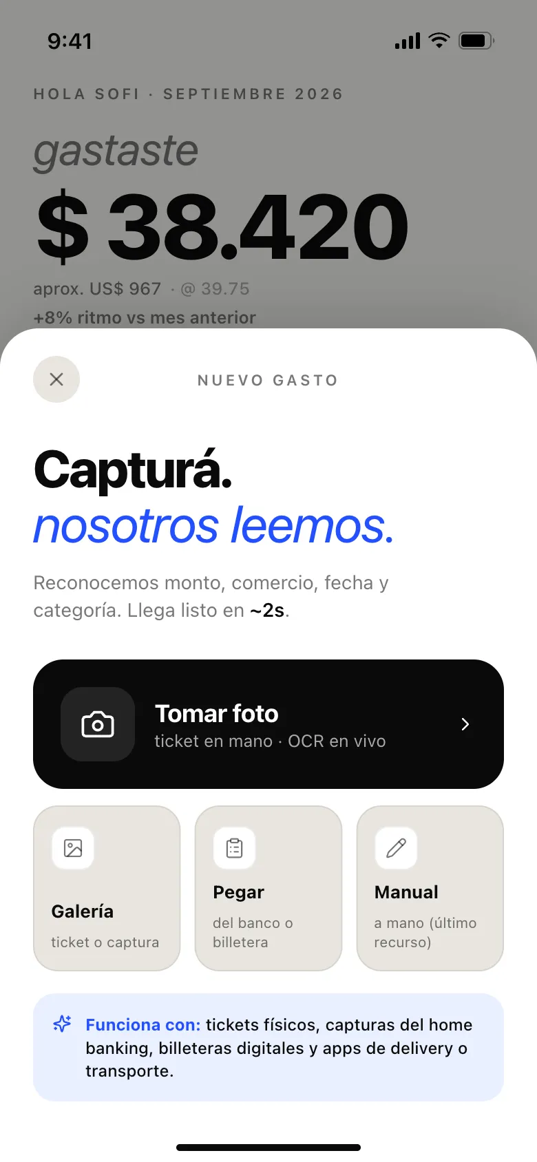 Gastito sheet for adding a new expense: take a photo of the receipt, pick from the gallery, paste text or enter it by hand