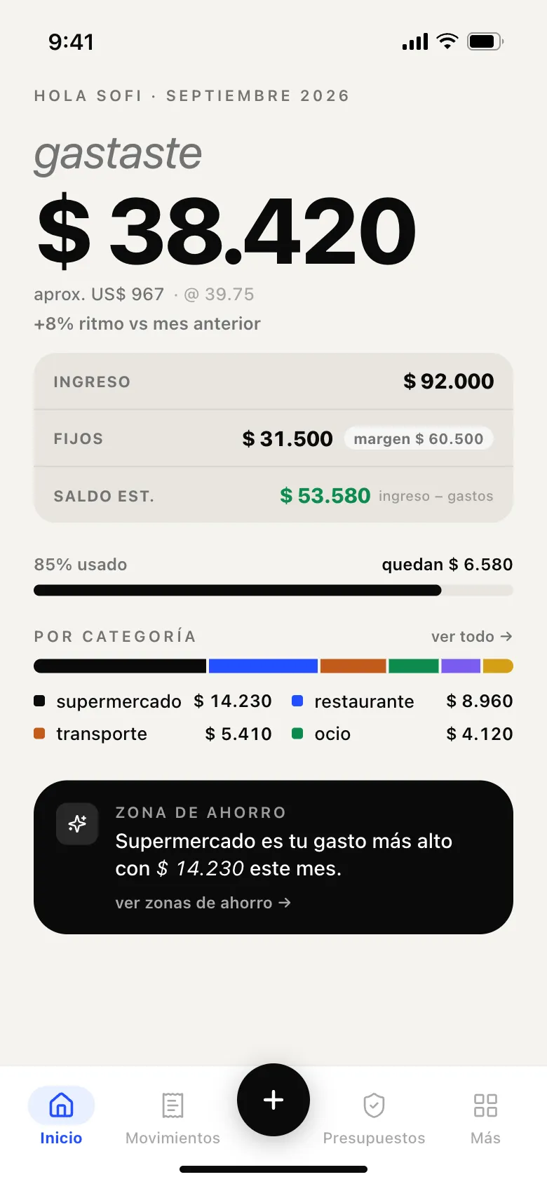Gastito home screen: the month's spending, income, fixed expenses, budget used and breakdown by category