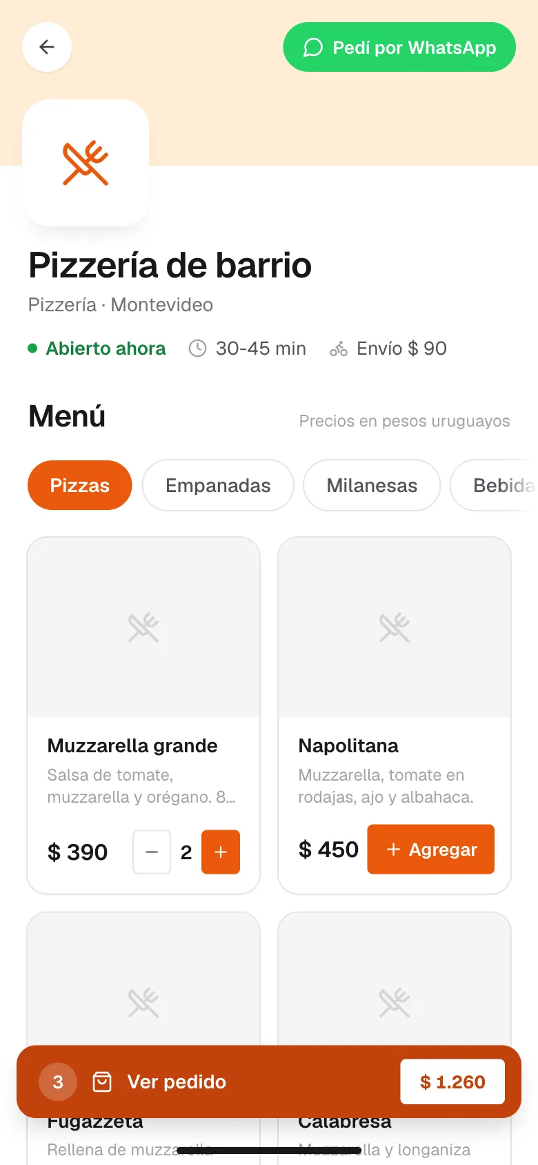 The restaurant's digital menu on a customer's phone: categories, products priced in pesos and a button to order via WhatsApp