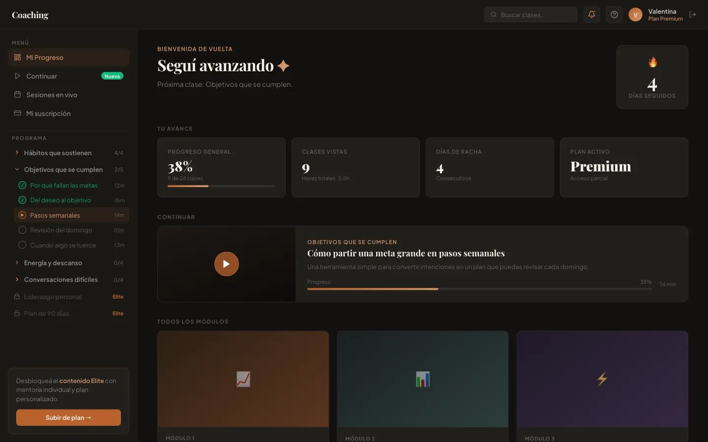 Member campus: progress, next lesson, the program's modules and content locked by plan