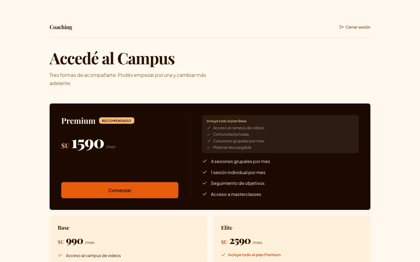 Plans page: three monthly memberships in Uruguayan pesos, with the recommended plan highlighted and the button to pay
