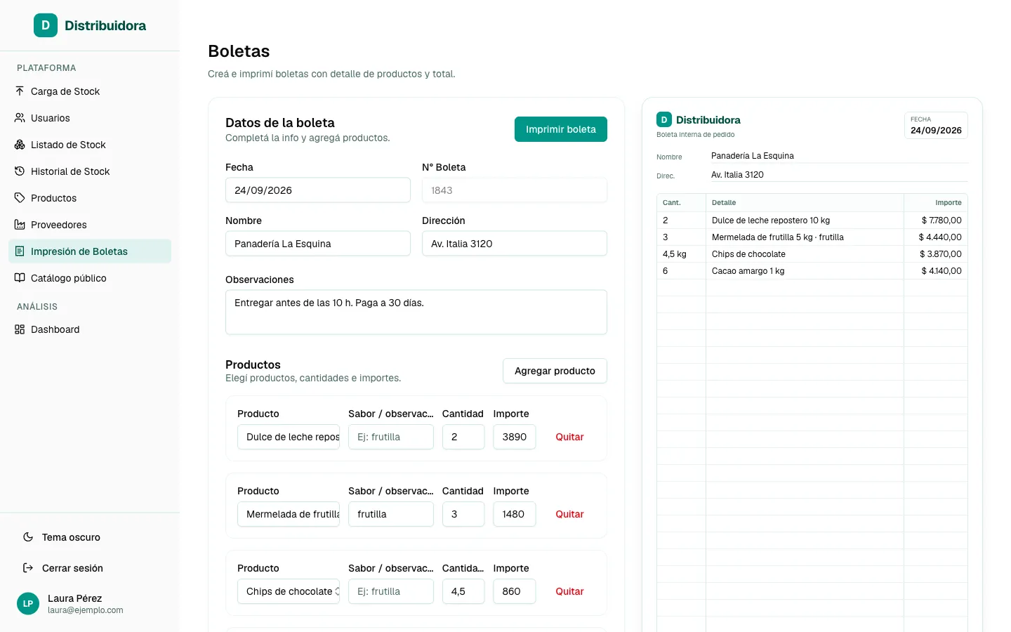 Pantalla de boletas: formulario con cliente y productos a la izquierda y vista previa de la boleta impresa a la derecha