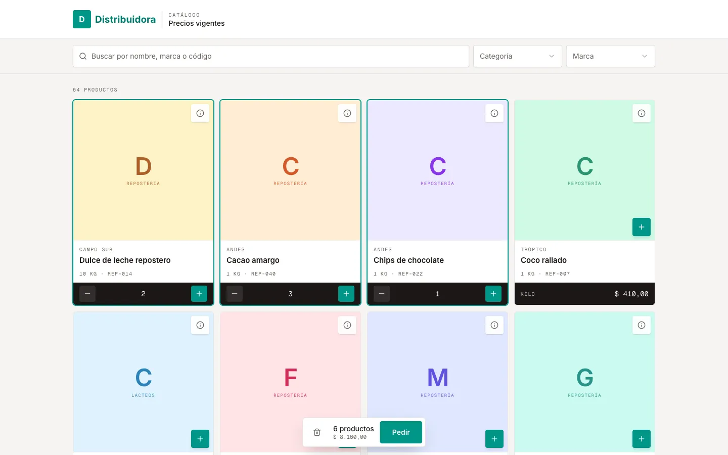 Public catalog on a computer: product grid priced in pesos, three already in the order, and the bottom bar with 6 items, the total and the Order button