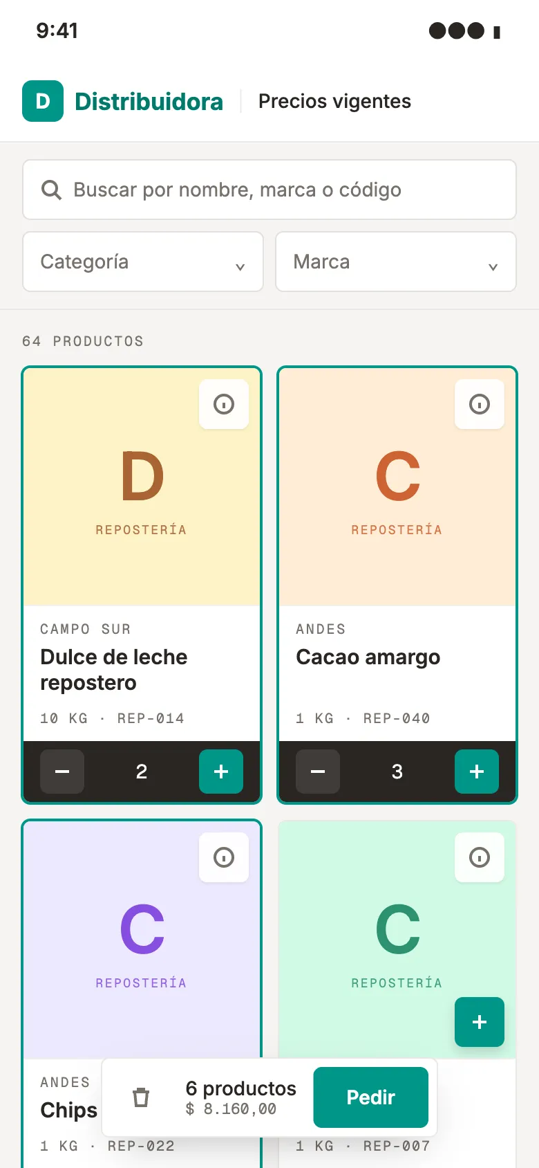 Public catalog on a phone: products priced in pesos, three already in the order, and the bottom bar with 6 items, the total and the Order button