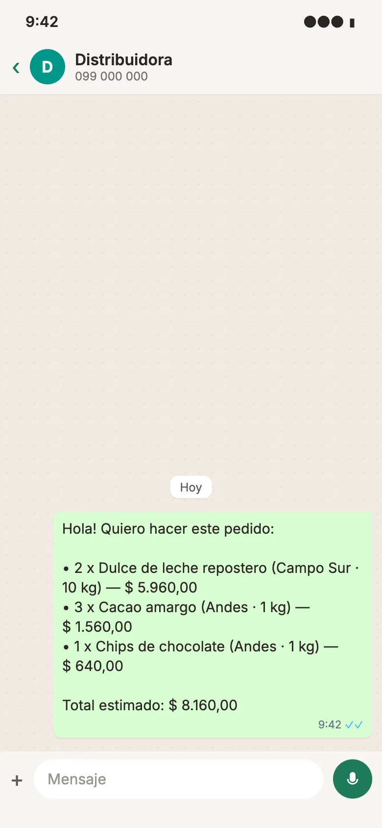 WhatsApp chat with the distributor: the order message listing each product, quantity and subtotal, plus the estimated total